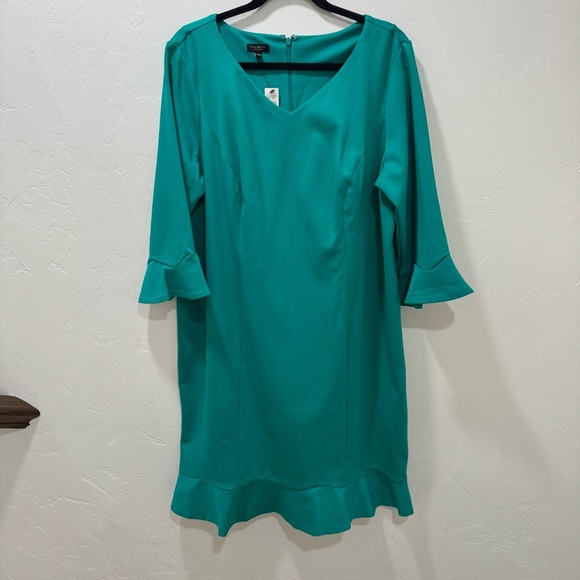 NWT Talbots Flounce Refined Ponte Sheath Dress Solid Turquoise Teal 14 WP - Picture 3 of 13